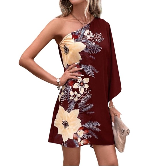 Burgundy Red Floral Flowers Print One Shoulder Batwing Sleeve Vacation Dress - Picture 2 of 7